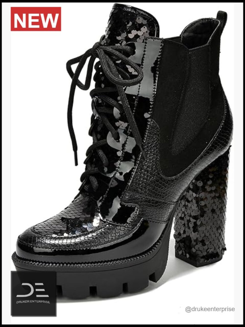 Sparkly Sequin Platform Chelsea Boots Chunky Block Heels Zip Closure